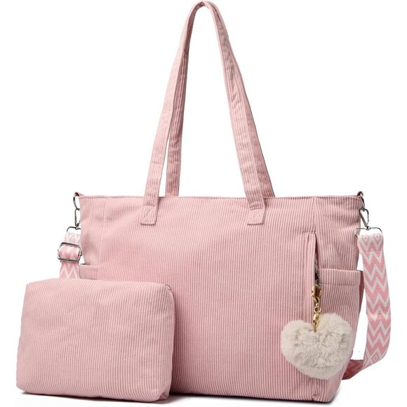 Handbags - Women Pink Corduroy With Polyester Fiber Lining Shoulder Handbag with Pouch